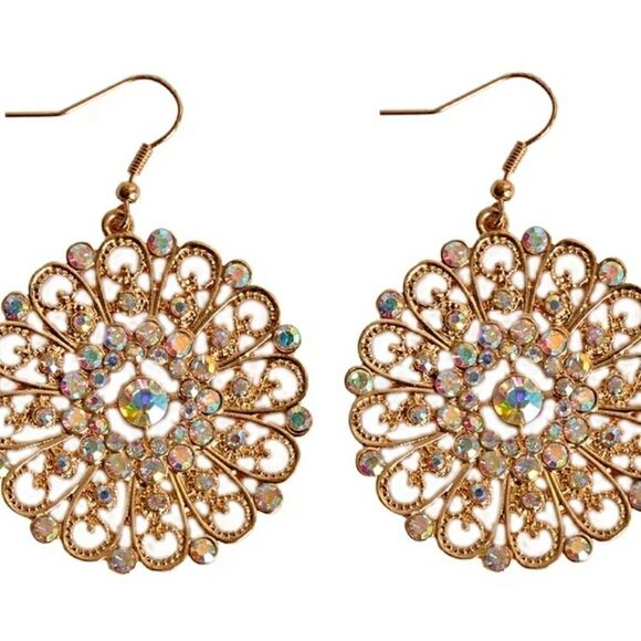 GOLDEN SWIRL Iridescent Aurora Borealis Sparkling  Rhinestones Earrings - Picture 5 of 5